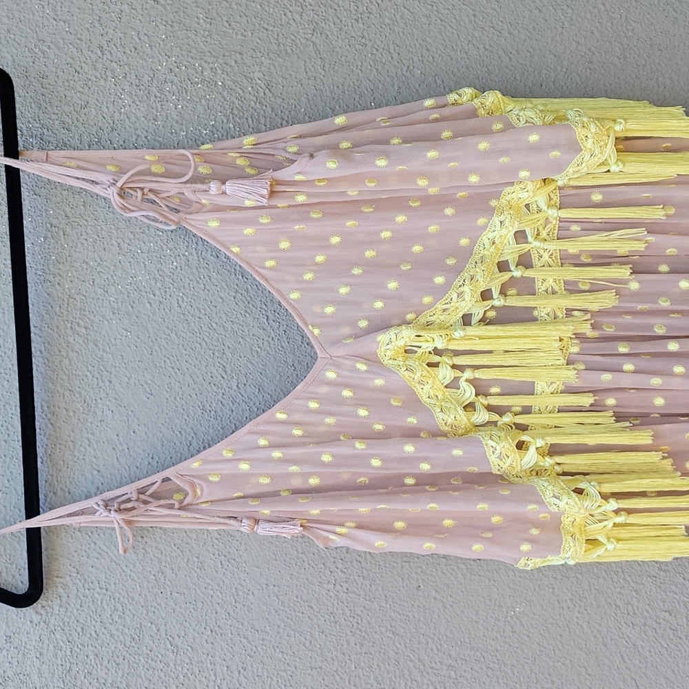 NEW FREE PEOPLE PICNIC IN THE PARK SHEER FRINGE TASSEL MINI DRESS TOP MED - Picture 5 of 11